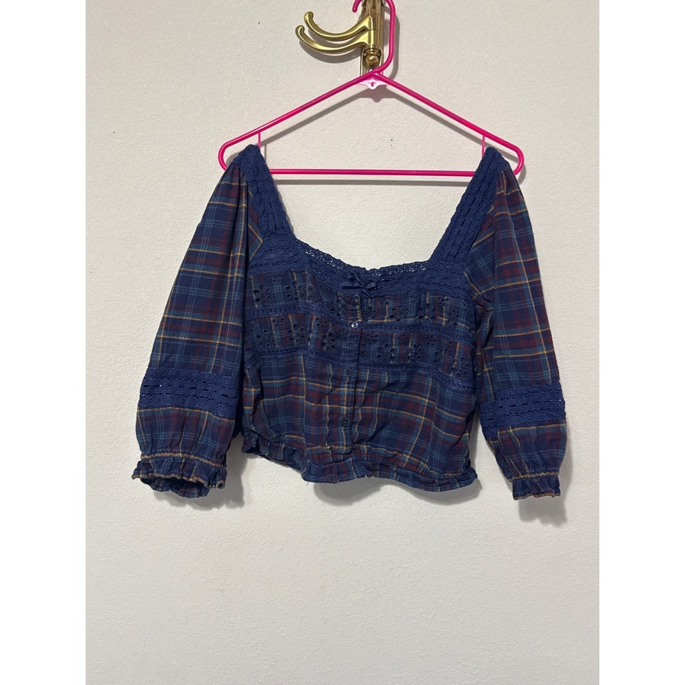 American Eagle Plaid Lace Trim Crop Top Womens Large Blue Cotton Linen Blouse